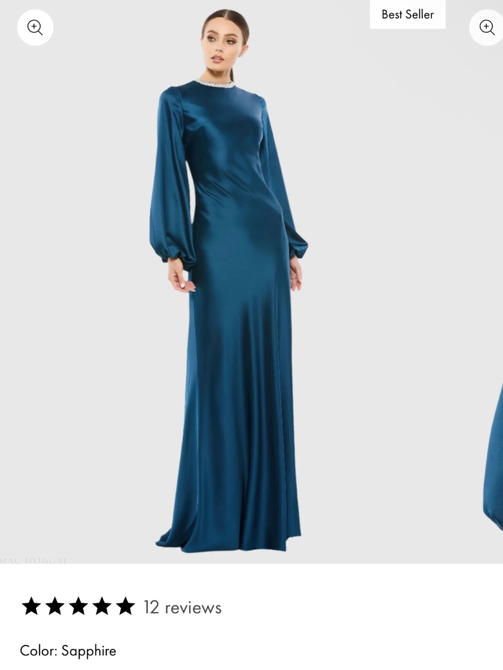 Mac Duggal Sapphire Satin Long-Sleeve Evening Gown